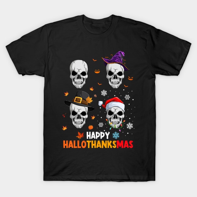 Skull Costume Halloween Thanksgiving Christmas Happy Hallothanksmas T-Shirt by Magazine